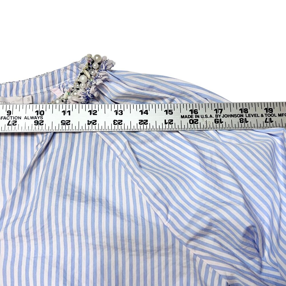 Anne Fontaine Aix Shirt Pearl Neck Size 38 Blue White Pinstripe Button Down - Picture 12 of 12
